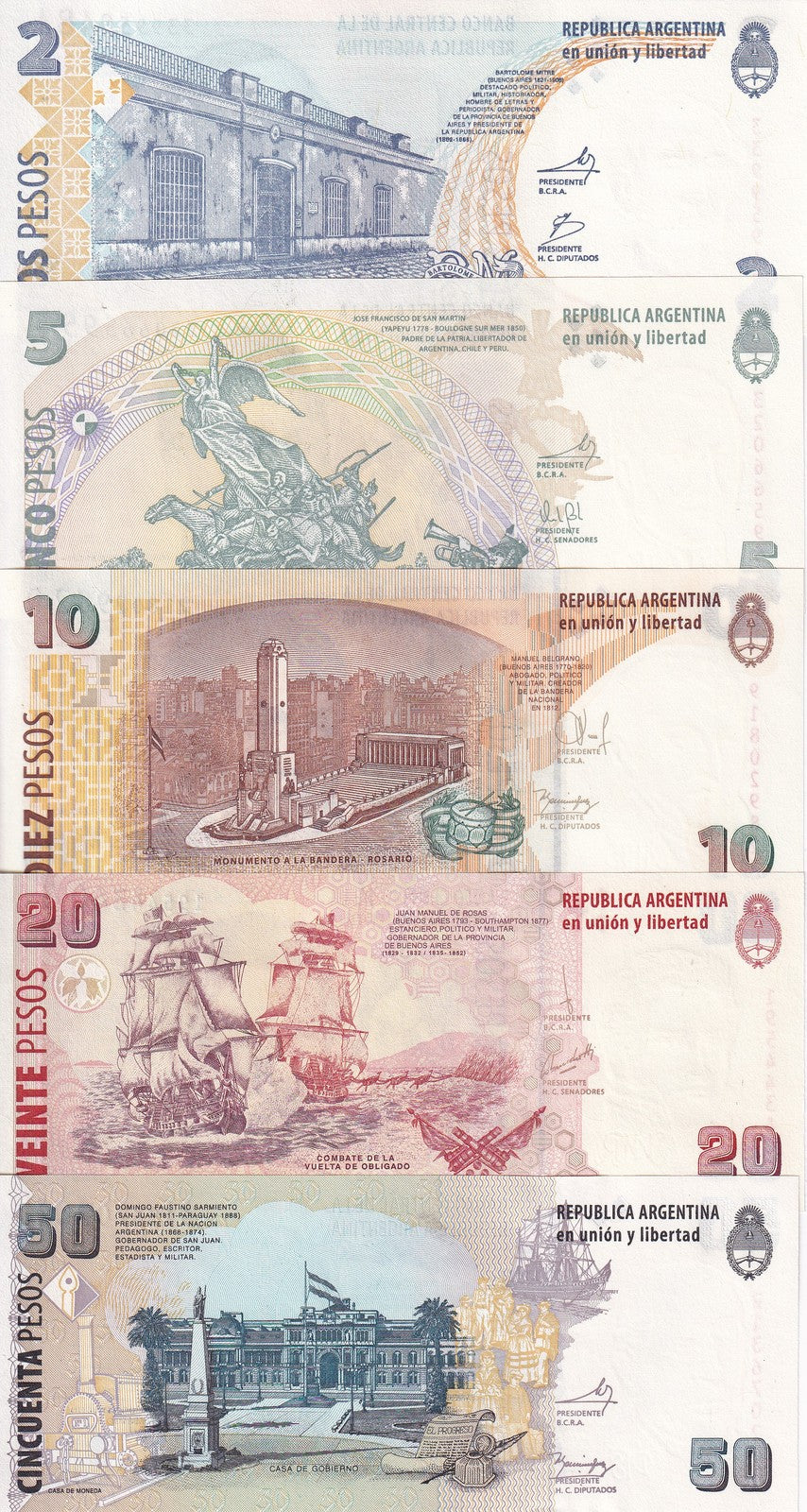 Argentina Set 5 UNC 2 5 10 20 50 Pesos 2012-2015 P 352 353 534 355