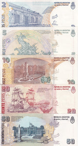 Argentina Set 5 UNC 2 5 10 20 50 Pesos 2012-2015 P 352 353 534 355