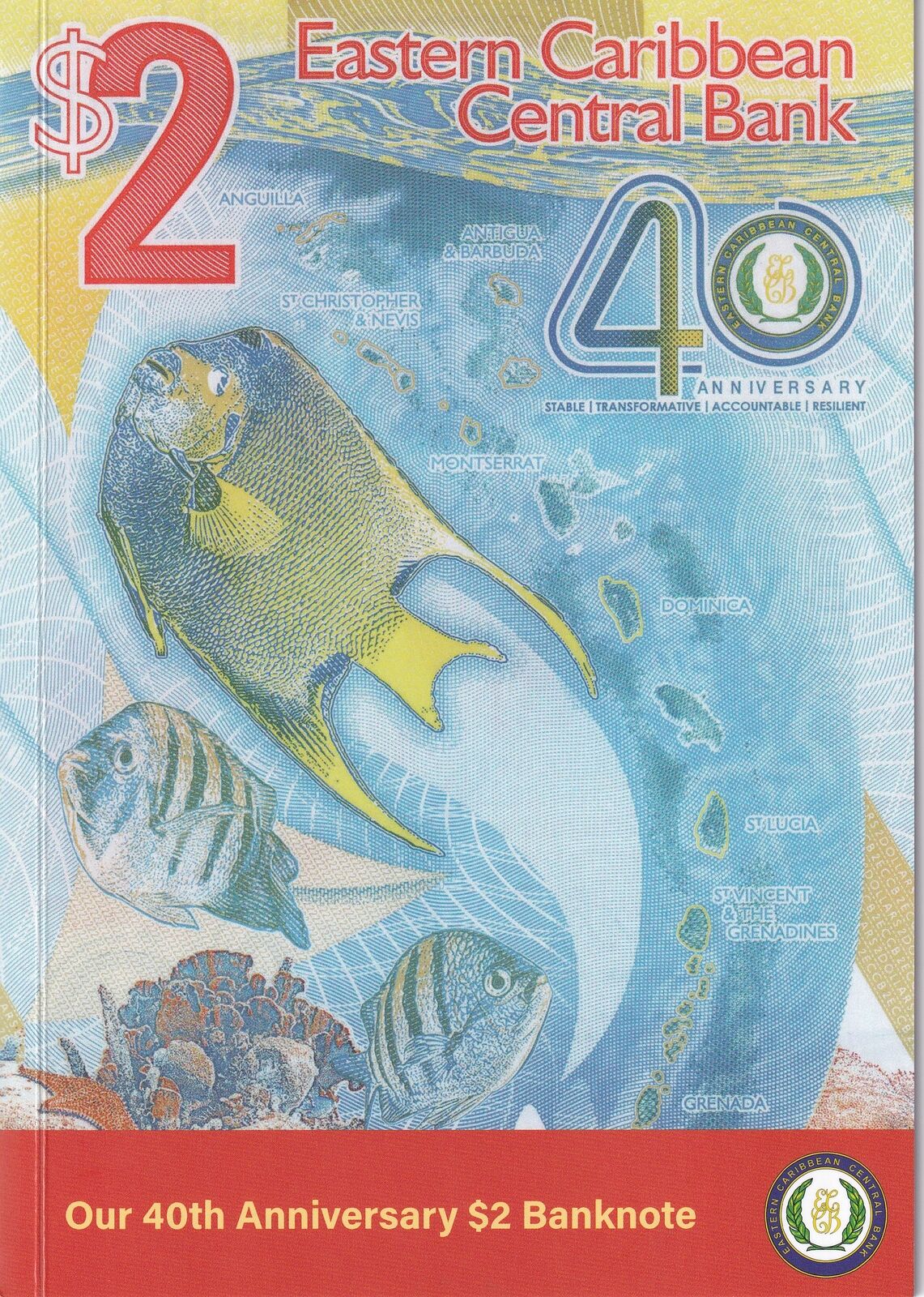 East Caribbean 2 Dollars 2023 2024 40th P 61 Polymer Comm. UNC With Folder