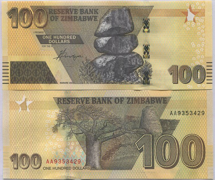 Zimbabwe 100 Dollars 2020 / 2022 P 106 UNC