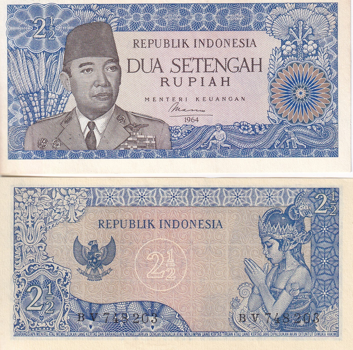 Indonesia 2.5 ,2 1/2 Rupiah 1964 P 81 AUnc Little Tone