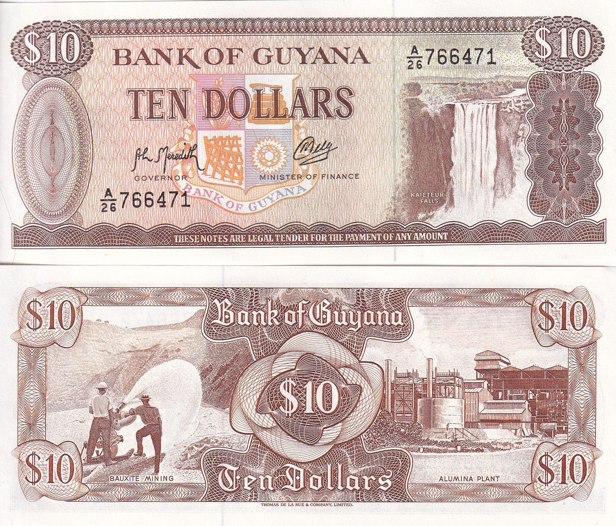 Guyana 10 Dollar 1992 P 23 f UNC , Kaieteur Falls Bauxite mining, alumina plant