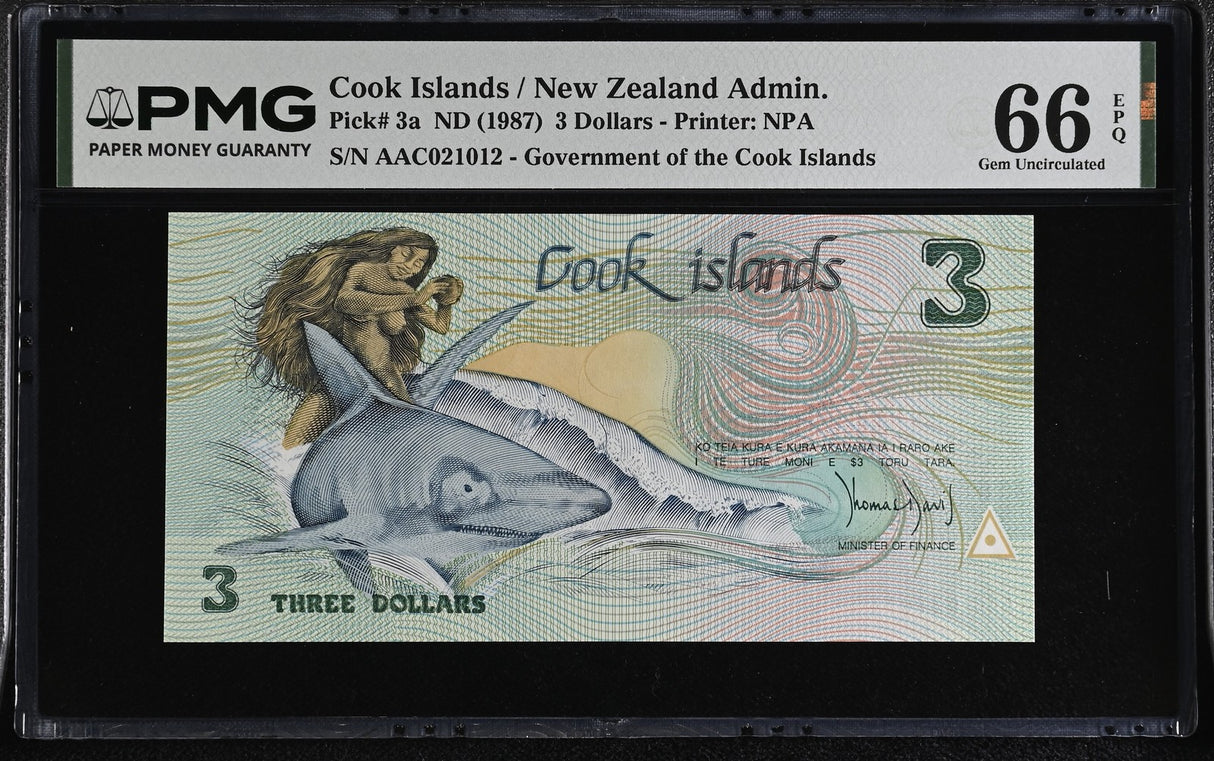 Cook Islands 3 Dollars ND 1987 P 3 a Gem UNC PMG 66 EPQ , Ina and the Shark