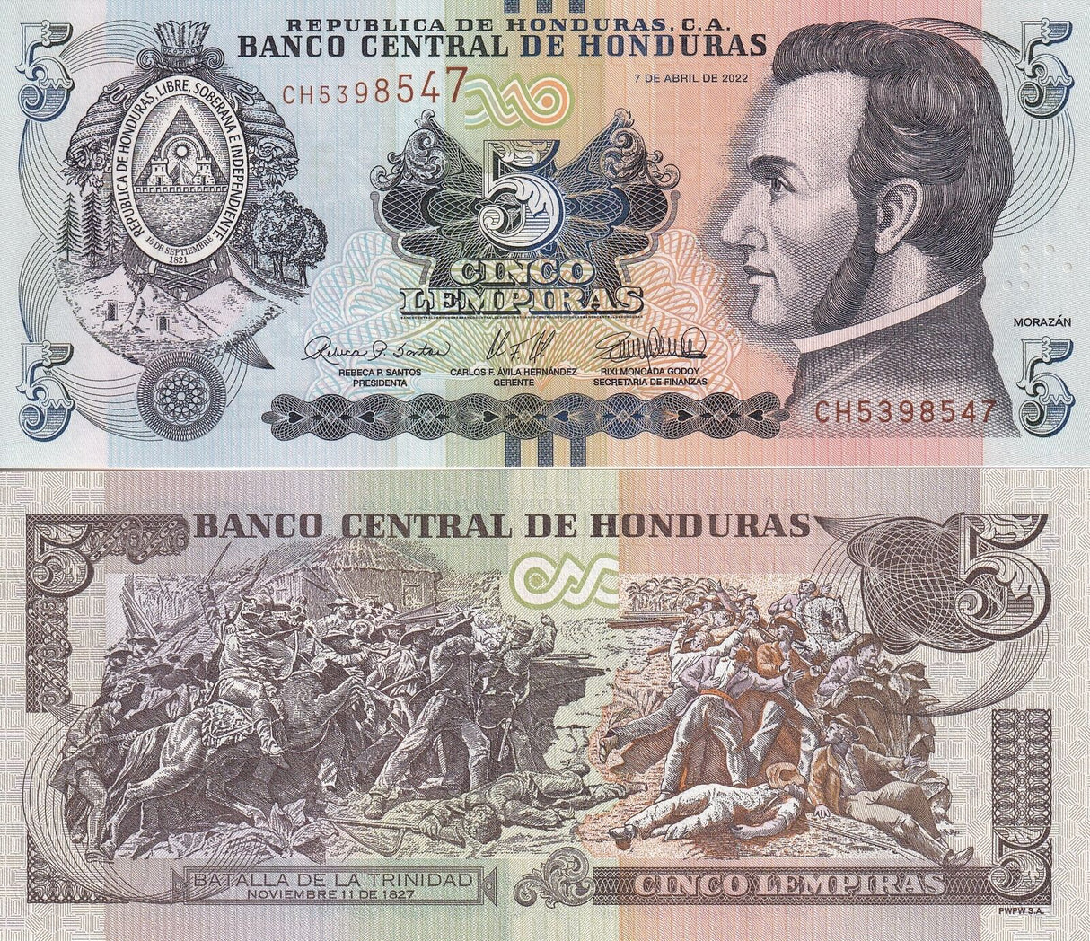 Honduras 5 Lempiras 2022 P 98 e UNC