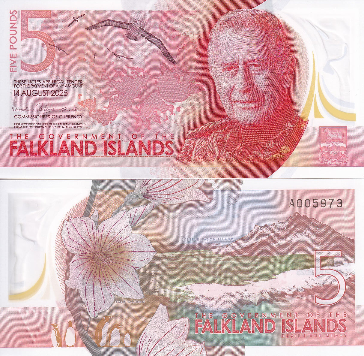 Falkland Islands 5 Pounds 2025 P 20 NEW Polymer King Charles III UNC