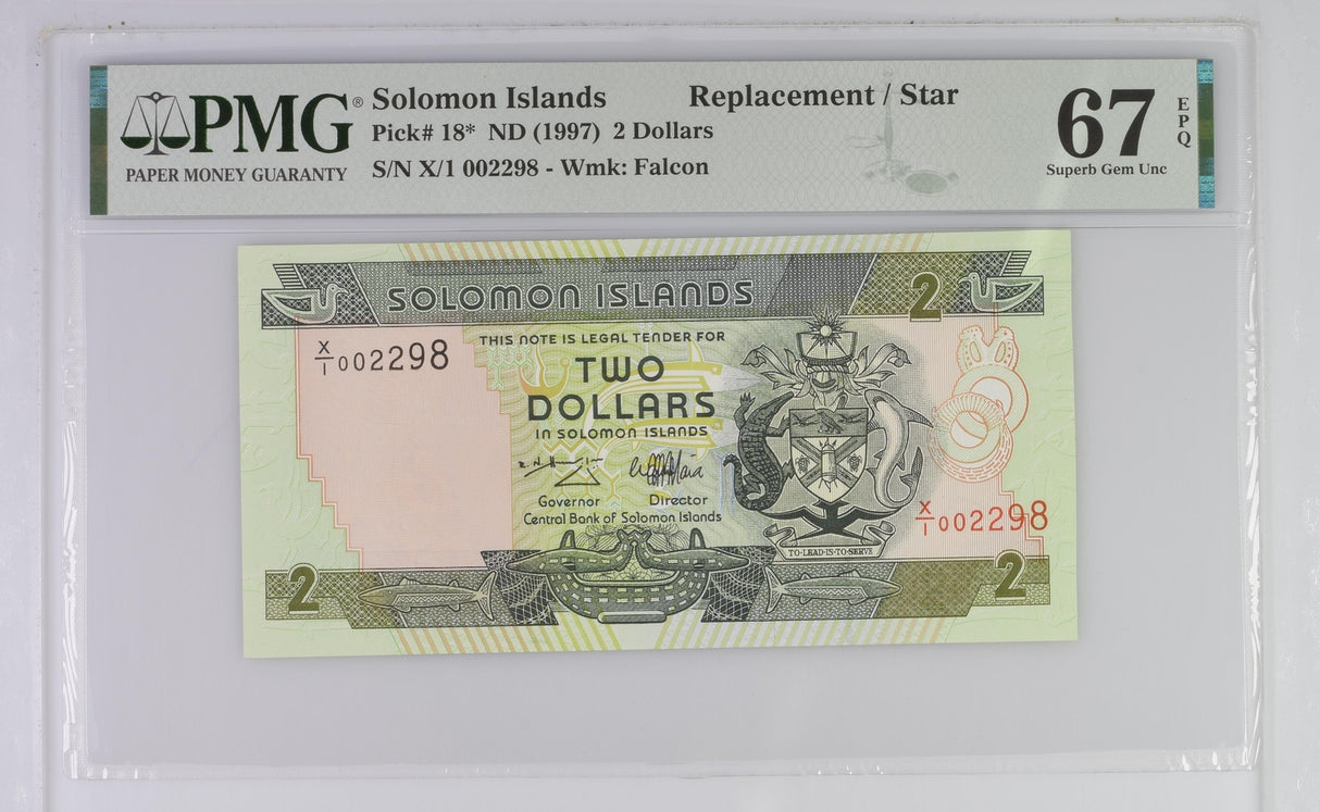 Solomon Islands 2 Dollars 1997 P 18* Replacement Superb Gem UNC PMG 67 EPQ