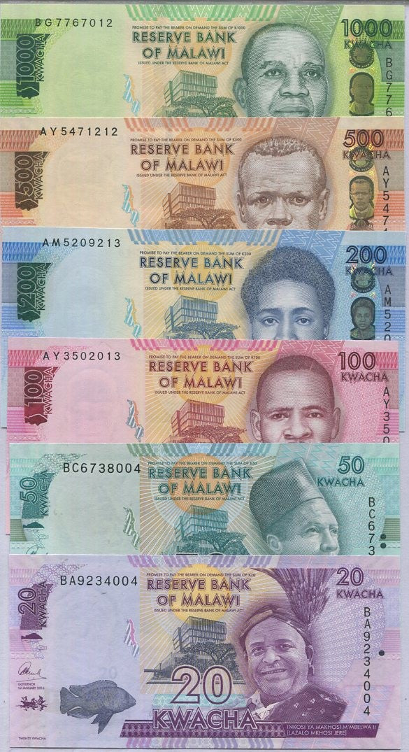 Malawi Set 6 UNC 20 50 100 200 500 1000 Kwacha Random Date P 60 63 64 65 66