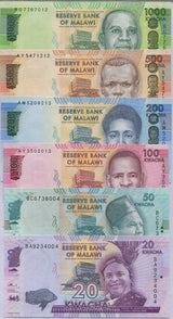 Malawi Set 6 UNC 20 50 100 200 500 1000 Kwacha Random Date P 60 63 64 65 66