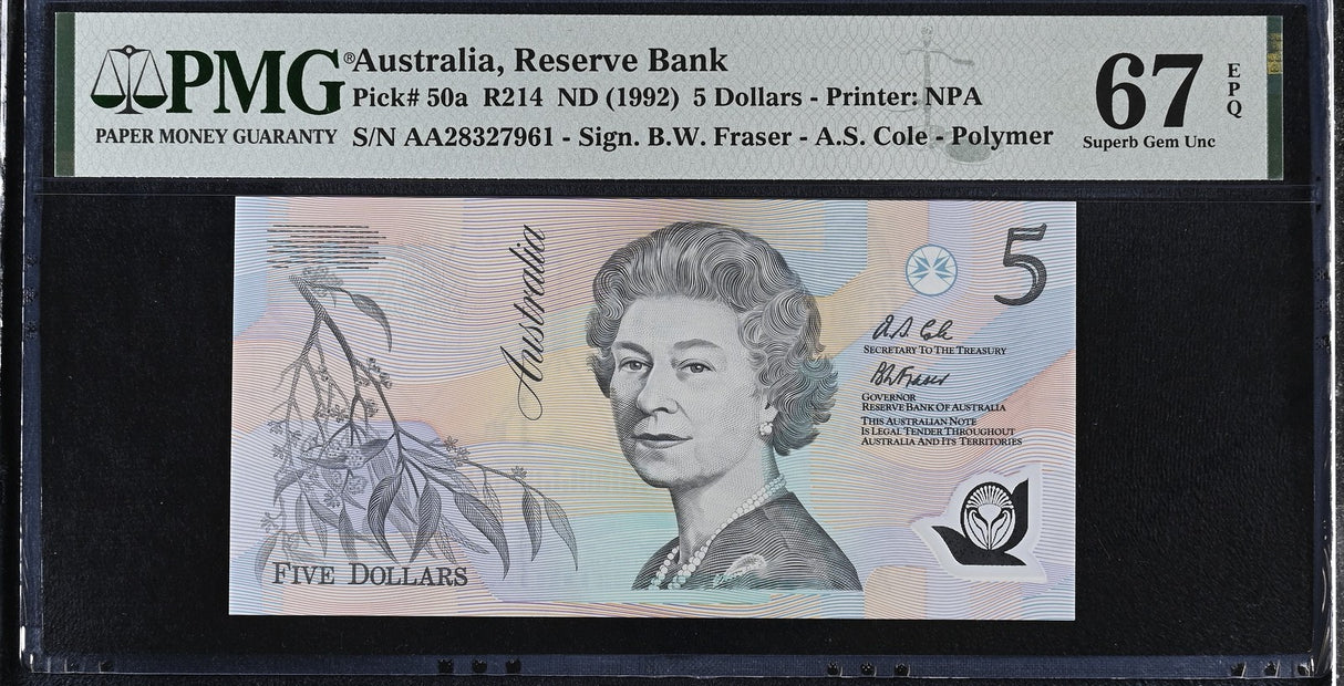Australia 5 Dollars ND 1992 P 50 a AA Polymer Superb Gem UNC PMG 67 EPQ