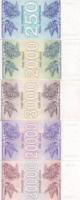 Georgia Set 5 Pcs 250 2000 3000 - 30000 Lari 1993 P 43 44 45 46 47 UNC