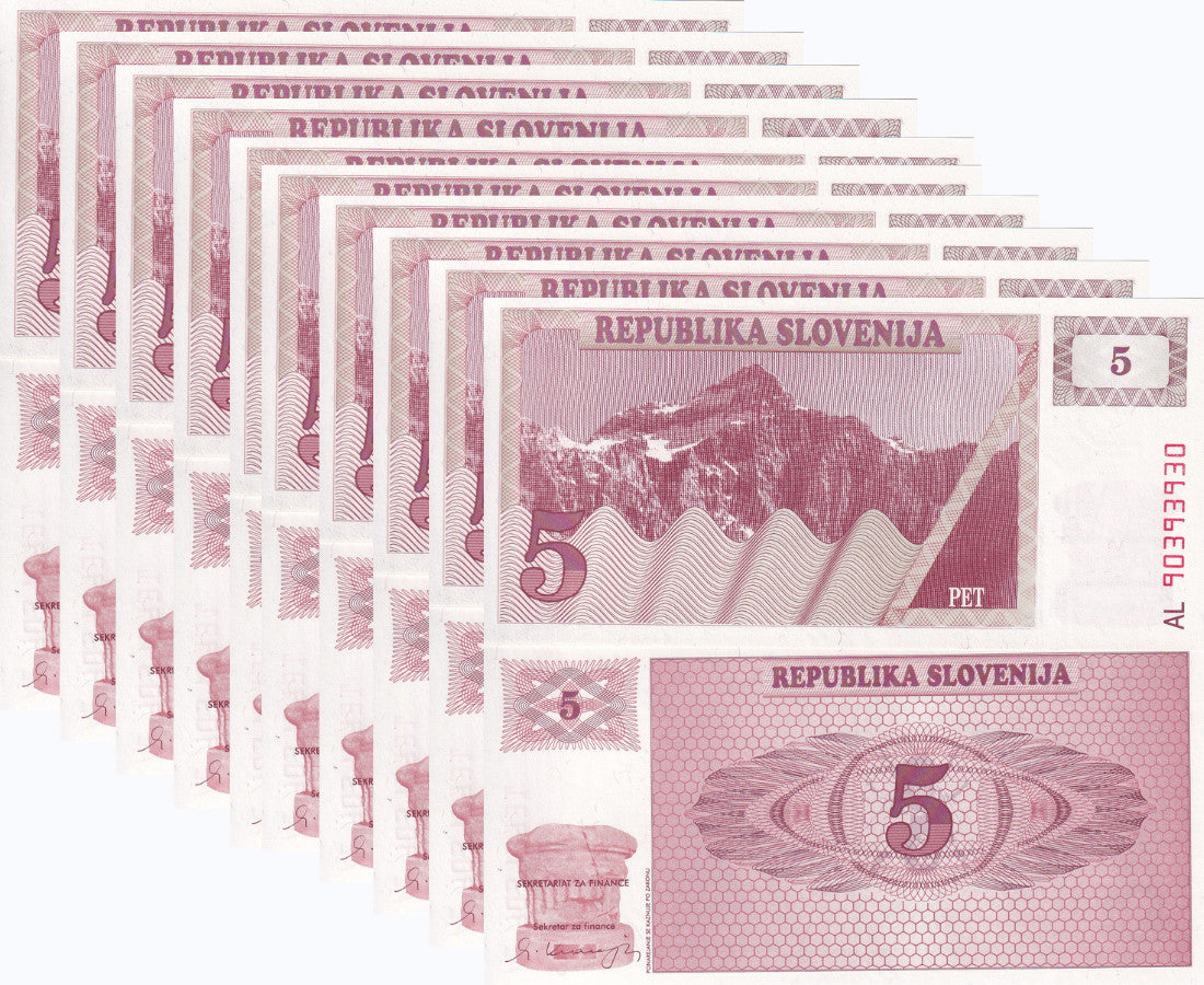 Slovenia 5 Tolarjev 1990 P 3 UNC LOT 10 PCS, Terglou mountain, Julian Alps