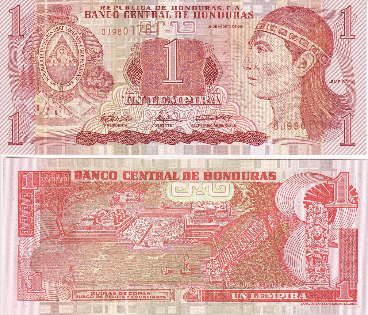 Honduras 1 Lempira 2004 P 84 d UNC ,Arms, Lempira Pelota game arena