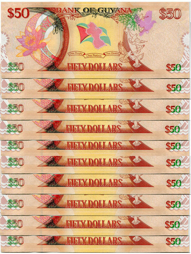 Guyana 50 Dollars ND 2016 P 41 Commemorative UNC LOT 10 Pcs 1/10 Bundle