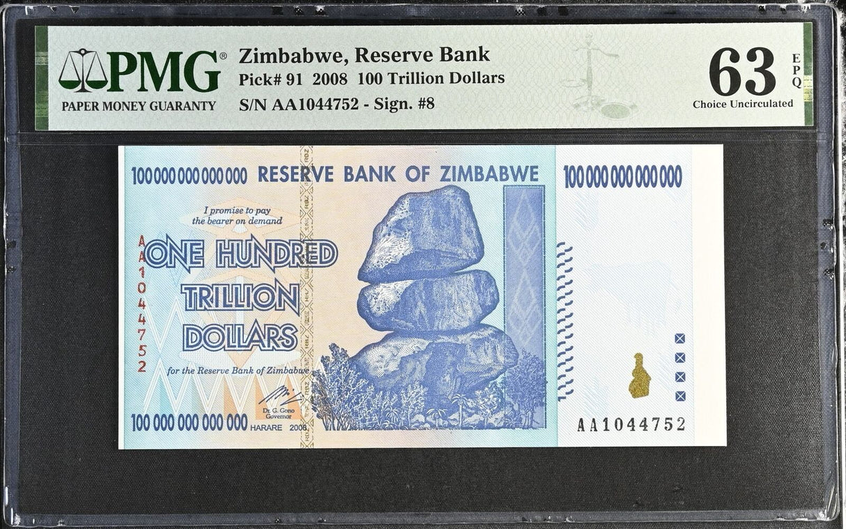 Zimbabwe 100 Trillion Dollars 2008 P 91 Choice UNC PMG 63 EPQ Big Margin