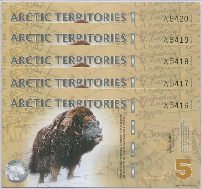 Arctic Territories 5 Dollars 2012 POLYMER MUSK UNC LOT 5 PCS
