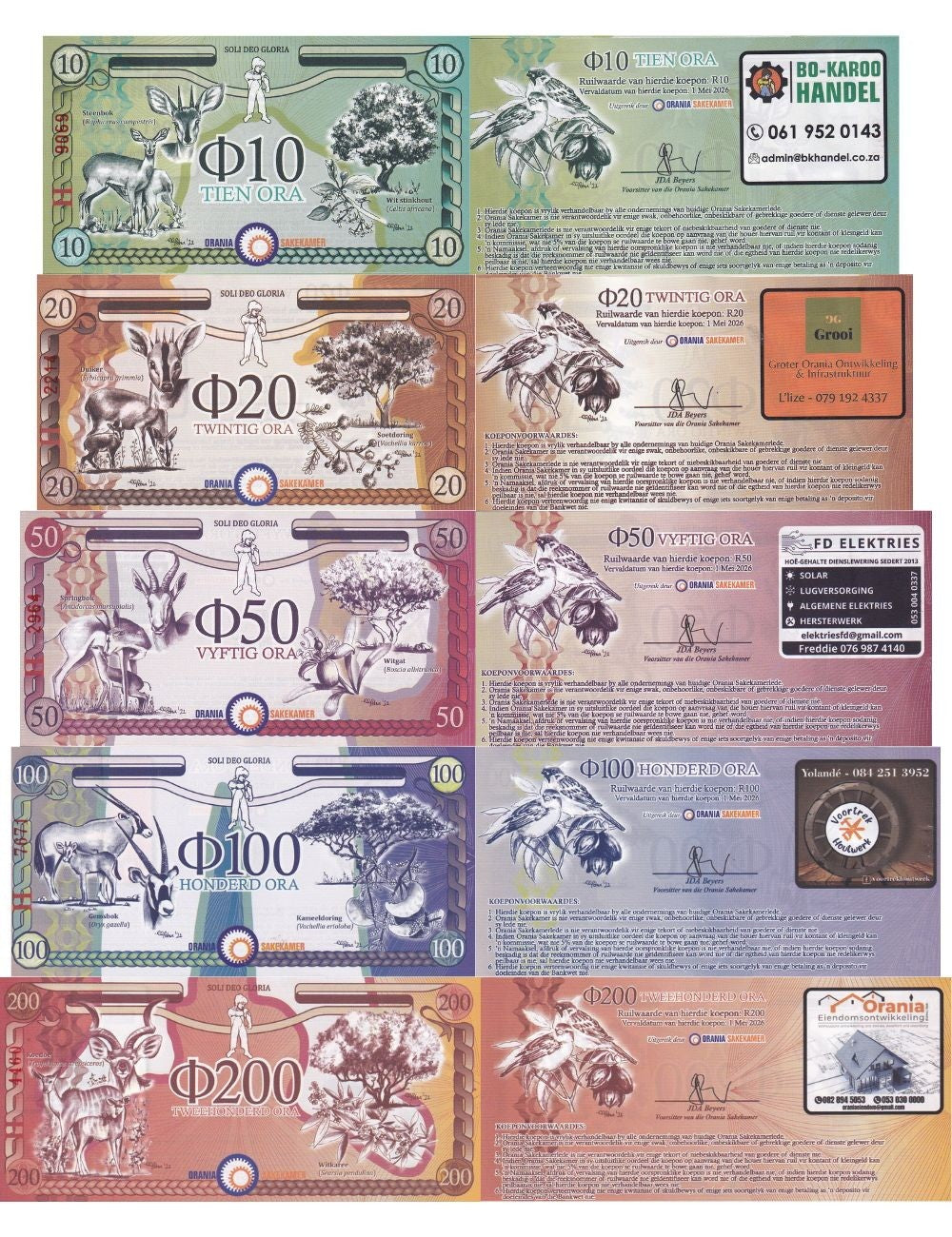 South Africa Orania Set 5 UNC 10 20 50 100 200 Ora 2026-2029 Animals Trees