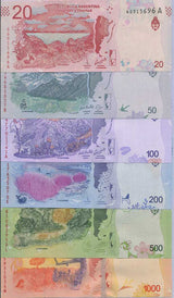 Argentina Set 6 UNC 20 50 100 200 500 1000 Pesos Mixed Year/Prefix P 361-366