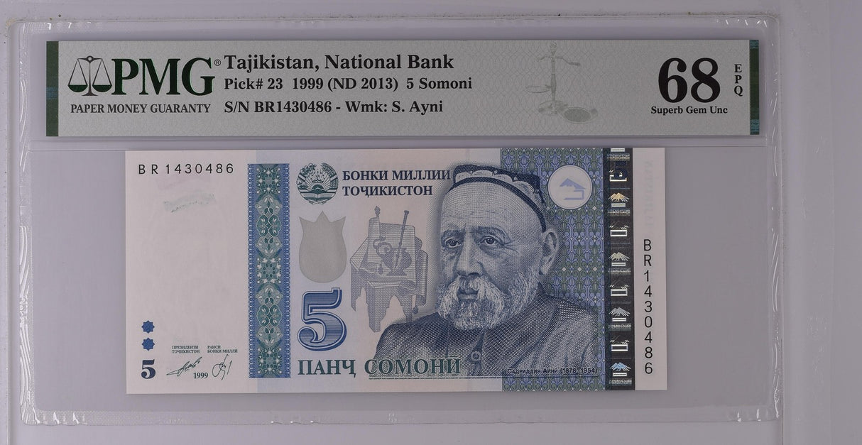 Tajikistan 5 Somoni 1999 ND 2013 P 23 Superb Gem UNC PMG 68 EPQ