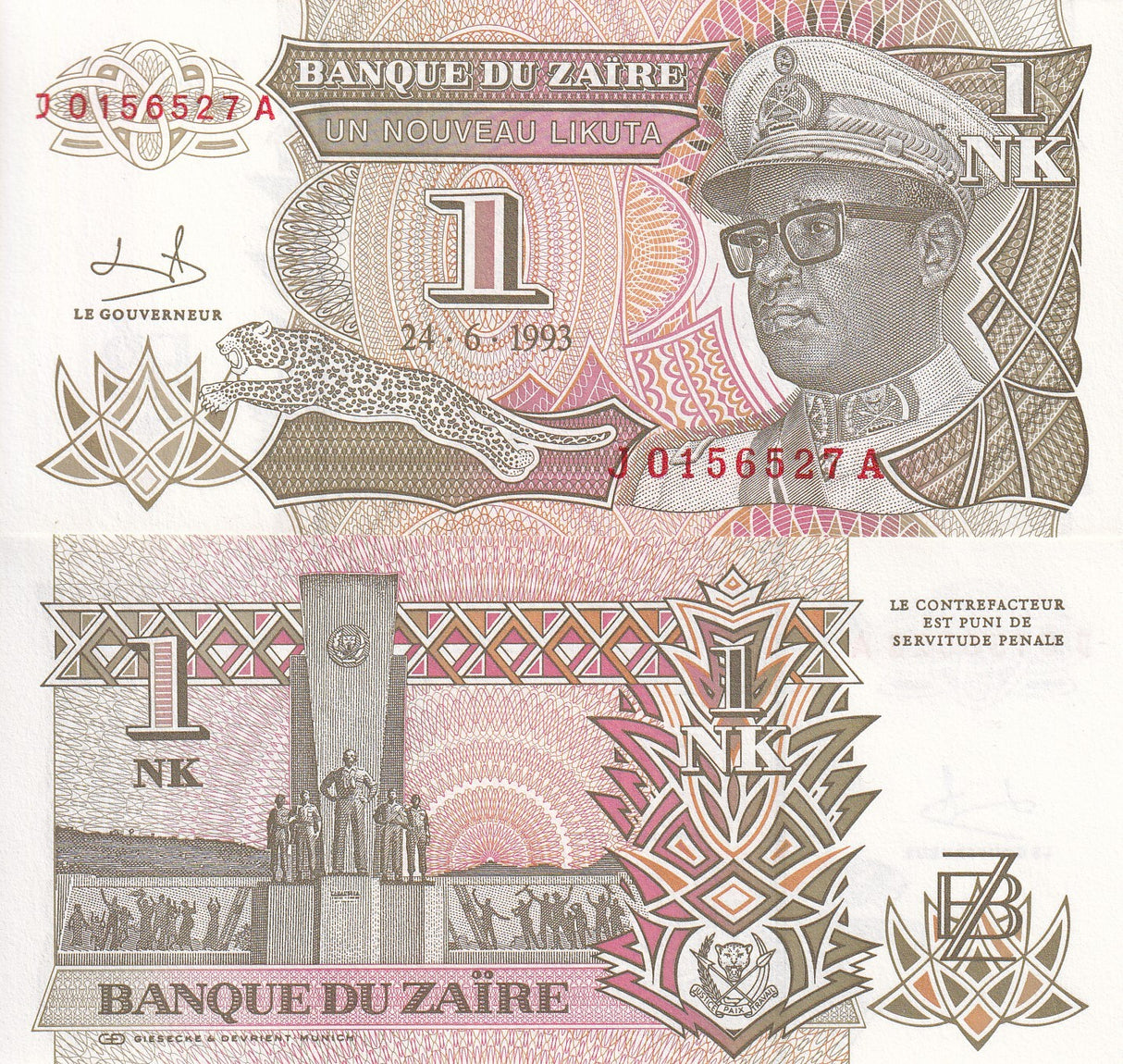 Zaire 1 Nouveau Likuta 1993 P 47 UNC