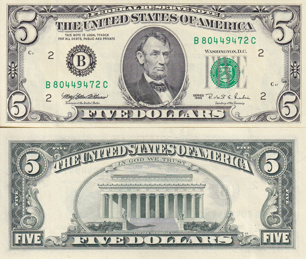 United States 5 Dollars USA 1995 P 498 New York NY "B" UNC