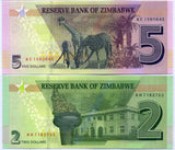 Zimbabwe Set 2 Pcs 2 5 Dollars 2019 P 101 102 UNC