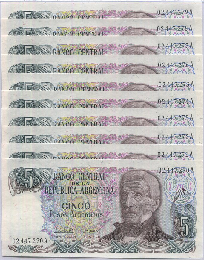 Argentina 5 Pesos ND 1983 P 312 UNC Lot 10 PCS ,Monumento a la Bandera
