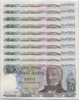 Argentina 5 Pesos ND 1983 P 312 UNC Lot 10 PCS ,Monumento a la Bandera