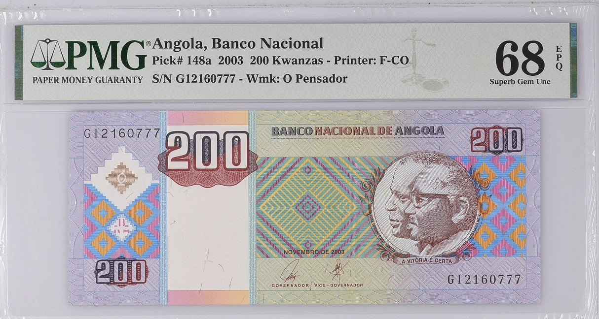 Angola 200 Kwanzas 2003 P 148 a Superb Gem UNC PMG 68 EPQ WTM O Pensador