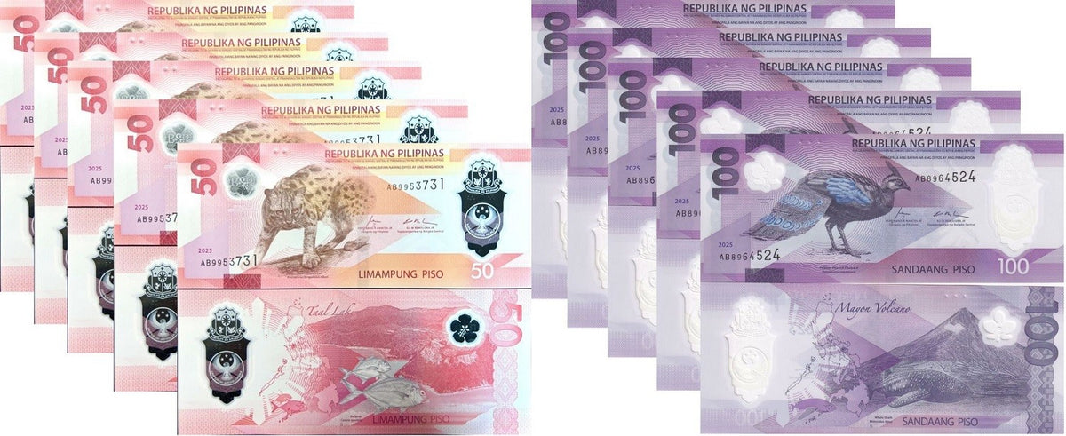 Philippines Set 2 X Lot 5 = 10 UNC 50 100 Piso 2024 Polymer P 237 238