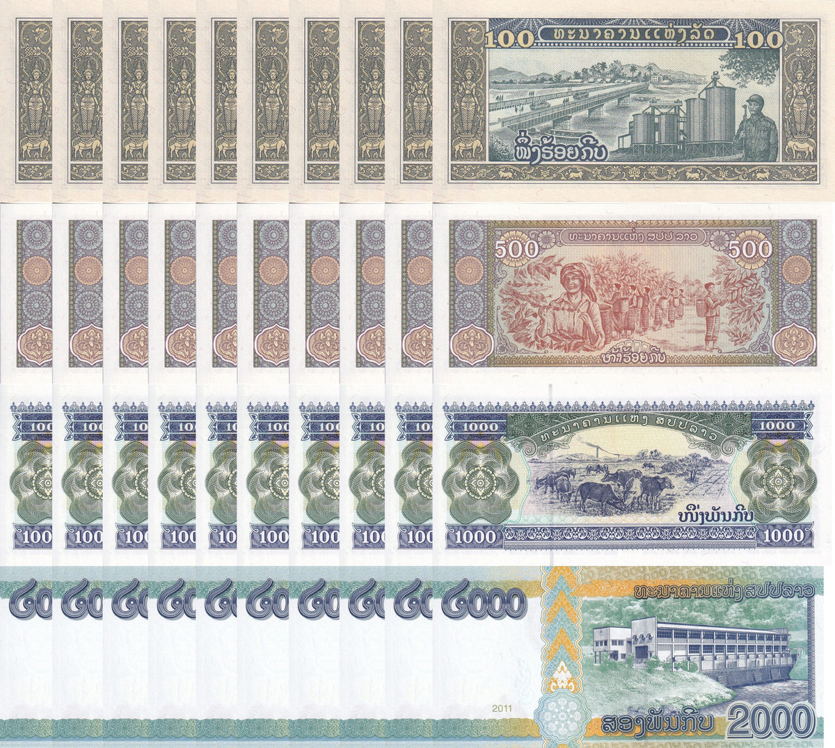 Laos Set 4 X LOT 10 = 40 UNC 100 500 1000 2000 KIP Random Date P 30 31 32 41