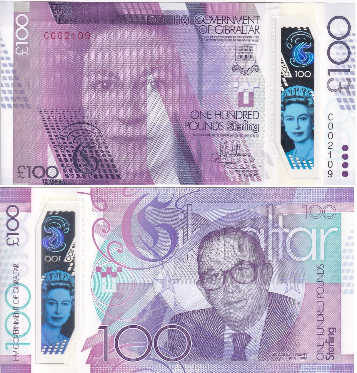 Gibraltar 100 Pounds 2015 ND 2017 P 40 a Commemorative Polymer QE II UNC