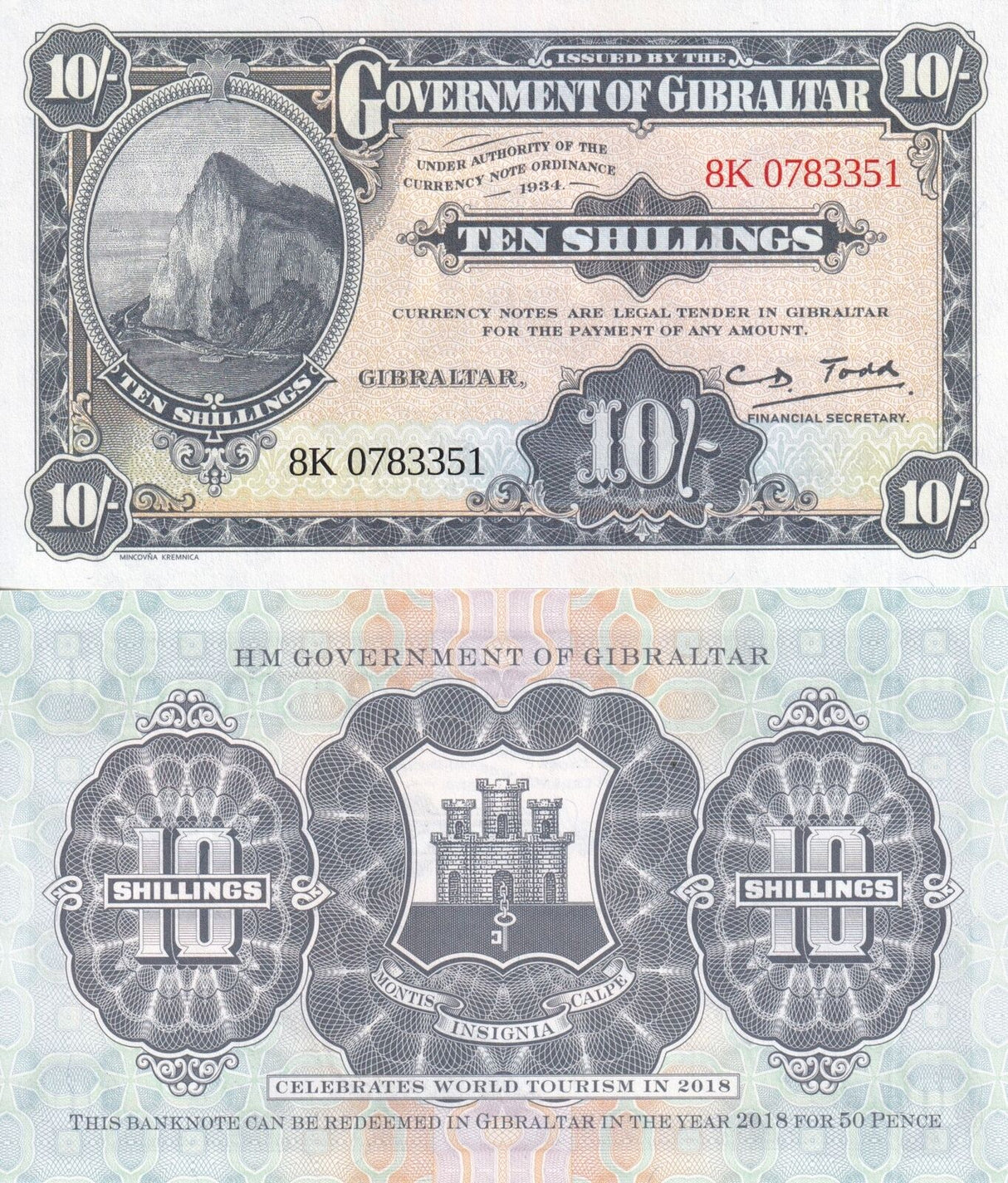 Gibraltar 10 Shillings Official Reprint 1934 for Tourism Comm. 2018 P 41 UNC