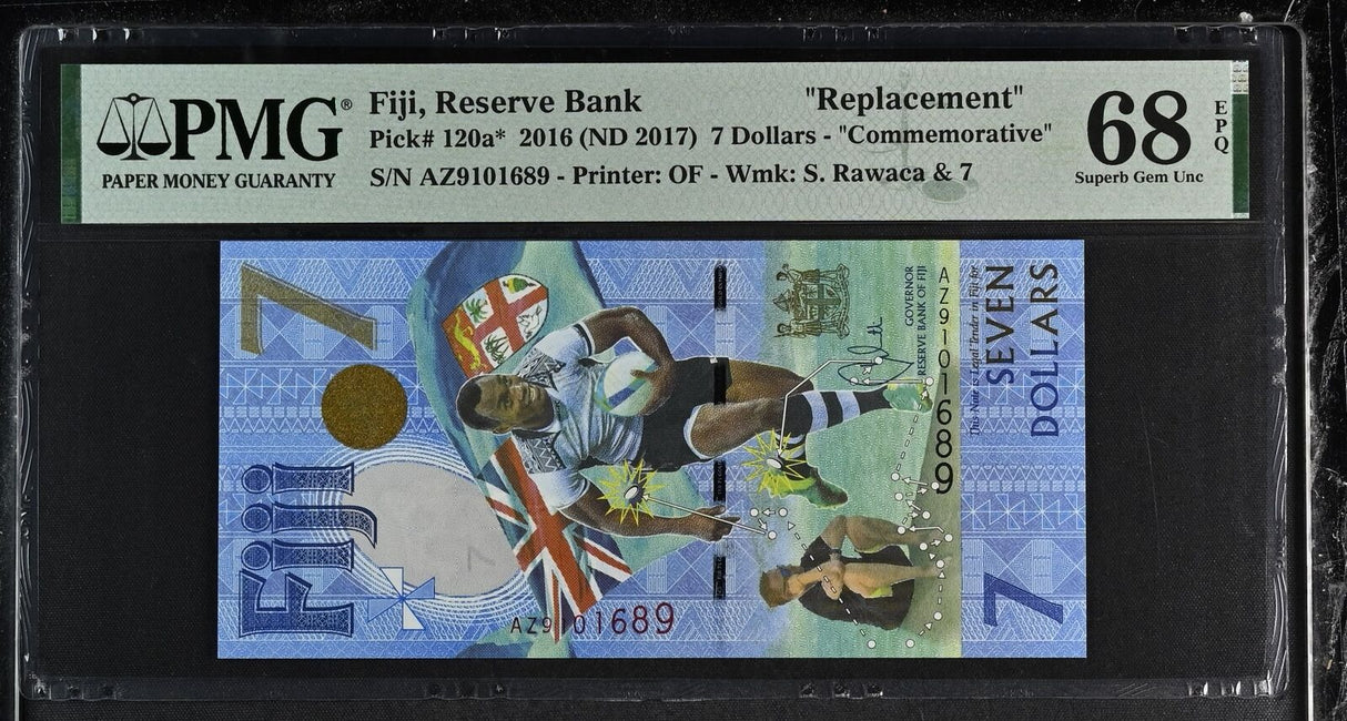 Fiji 7 Dollars 2016 ND 2017 P 120 a* Replacement Superb Gem UNC PMG 68 EPQ