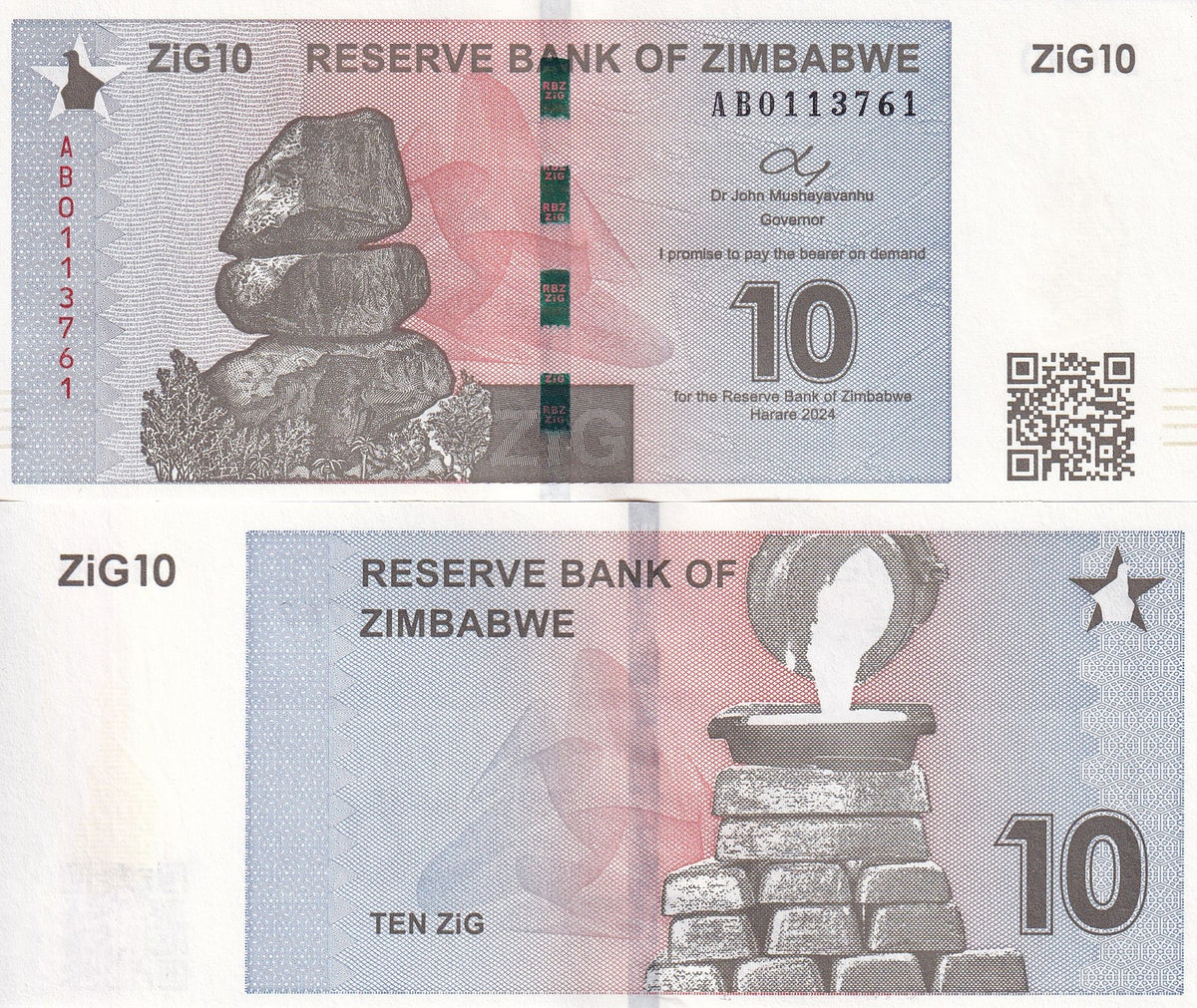 Zimbabwe 10 ZiG 2024 P 110 Gold Reserve Backed UNC With QR Code