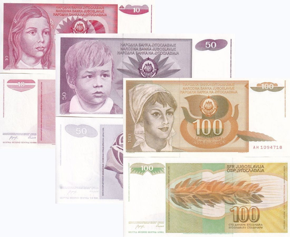 Yugoslavia SET 3 UNC 10 50 100 Dinara 1990 P 103 104 105