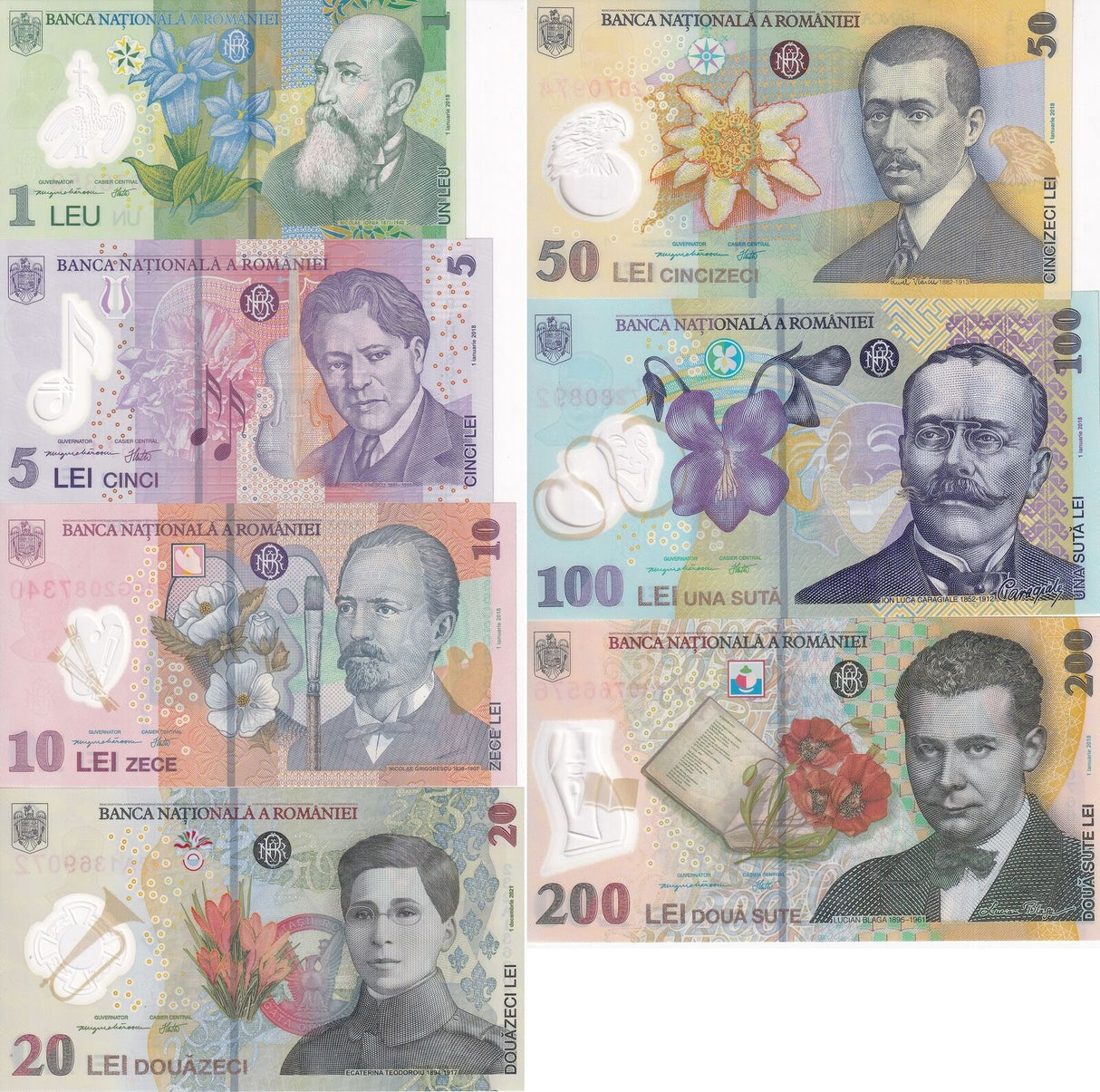Romania Set 7 UNC 1 5 10 20 50 100 200 Lei 2005-2021 P 117- 121 122 Polymer