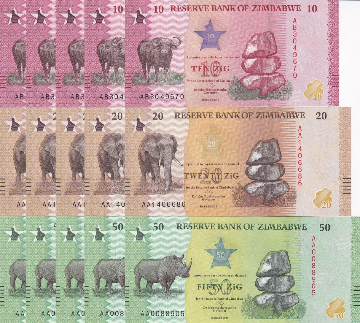 Zimbabwe SET 3 X 5 SETS = 15 UNC 10 20 50 Zig 2026 P 115 116 117 RHINO NEW