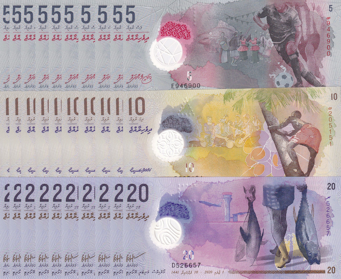 Maldives Set 3 X LOT 10 = 30 UNC 5 10 20 R. Polymer Random Date P A26 26 27