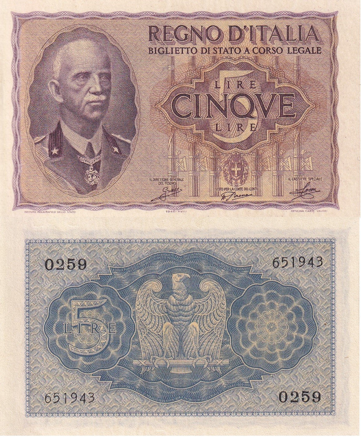Italy 5 Lire 1940 P 28 UNC
