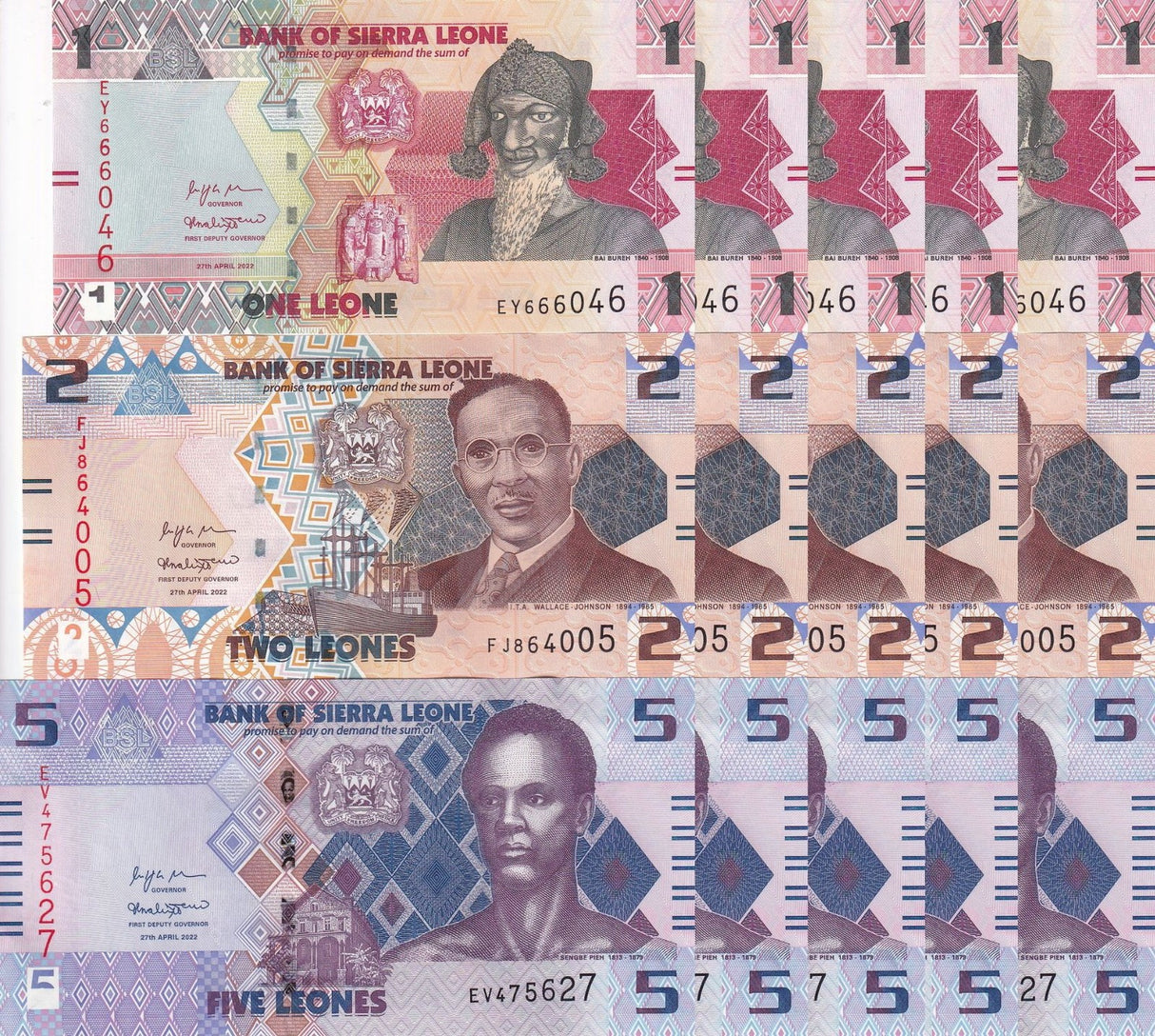 Sierra Leone Set 3 X LOT 5= 15 Pcs 1 2 5 Leones 2022 P 34 35 36 (CUT ZERO) UNC