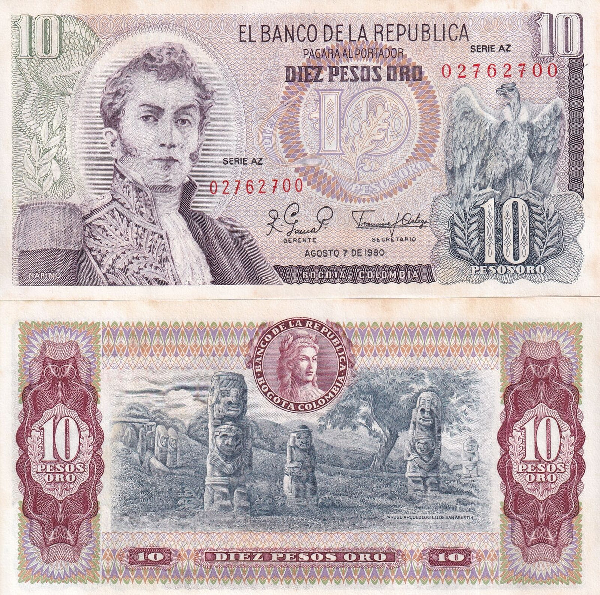 COLOMBIA 10 PESO 1980 P 407 AUnc W/Tone