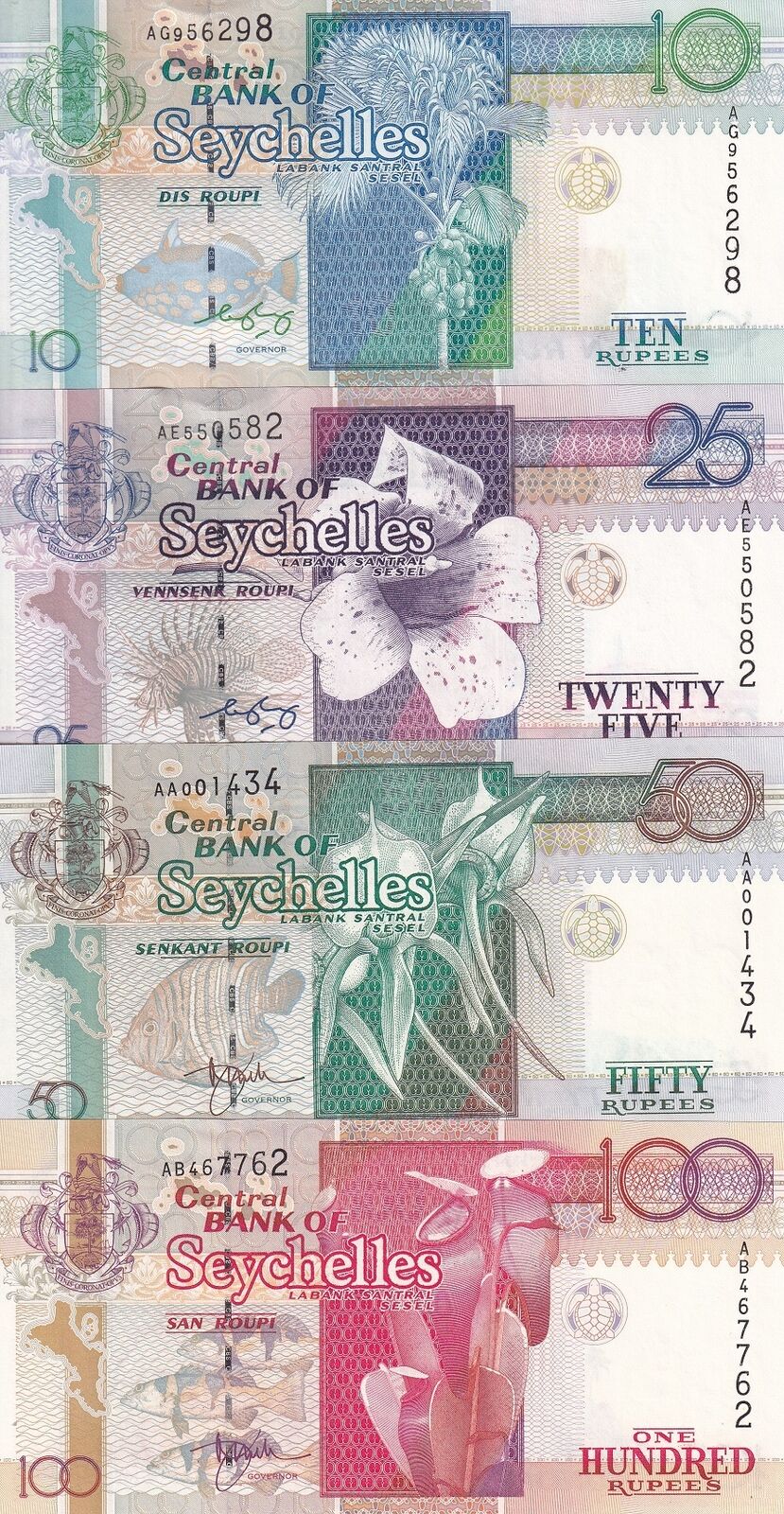 Seychelles Set 4 PCS 10 25 50 100 Rupees Radom Date P 36 37 38 39 UNC