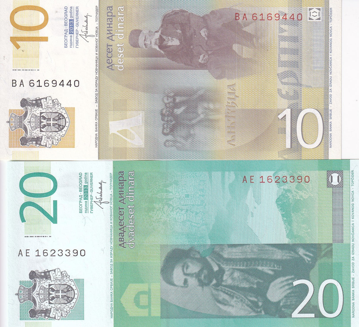 Serbia Set 2 Pcs 10 20 Dinara ANDOM DATE P 46 47 UNC