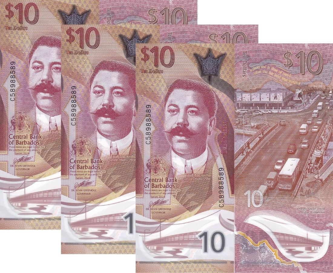 Barbados 10 Dollars 2024 Polymer P 82 UNC Careenage in Bridgetown LOT 3 PCS
