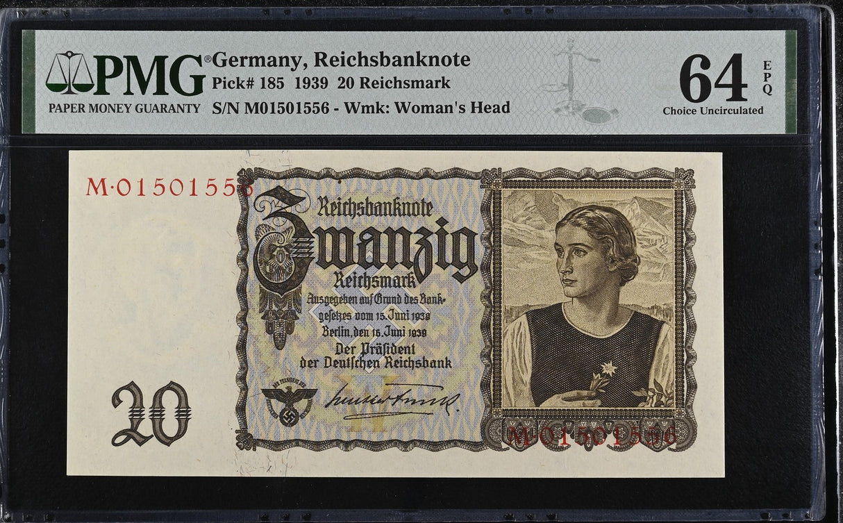 Germany 20 Reichsmark 1939 P 185 Choice UNC PMG 64 EPQ