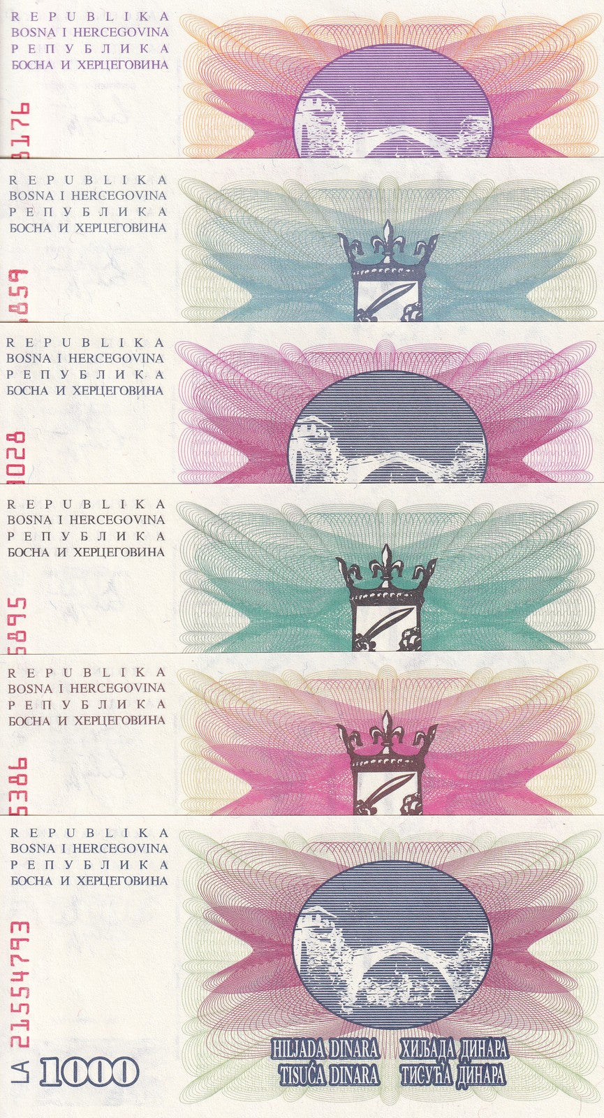 Bosnia Set 6 Pcs 10 25 50 100 500 1000 Dinara 1992 P 10 11 12 13 14 15 UNC