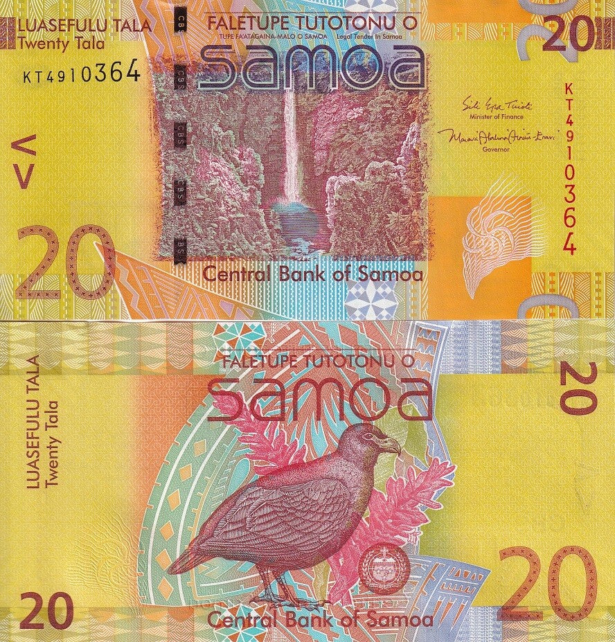 Samoa 20 Tala ND 2017 P 40 c UNC ,Papapapaitai waterfall, Manumea bird