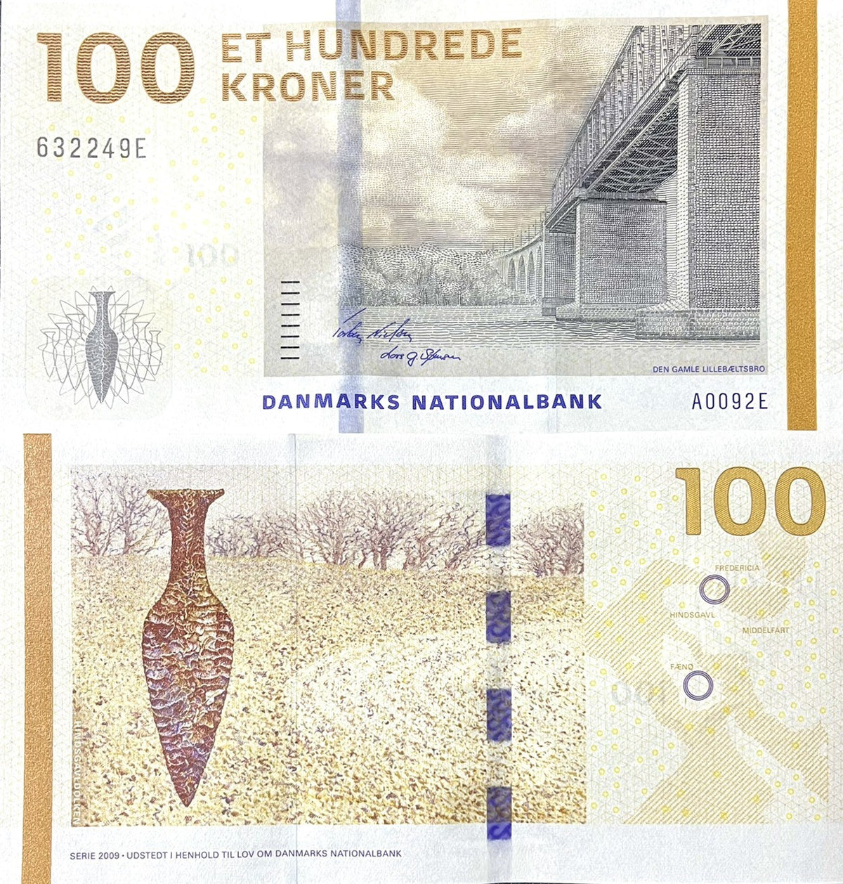 Denmark 100 Kroner 2009 Nielsen & Sørensen P 66 a UNC, Hindsgavl dagger,bridge