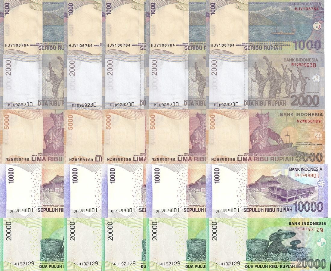 Indonesia Set 5 X LOT 5=25 UNC 1000 2000-20000 Rupiah Random Year P 141 - P 151