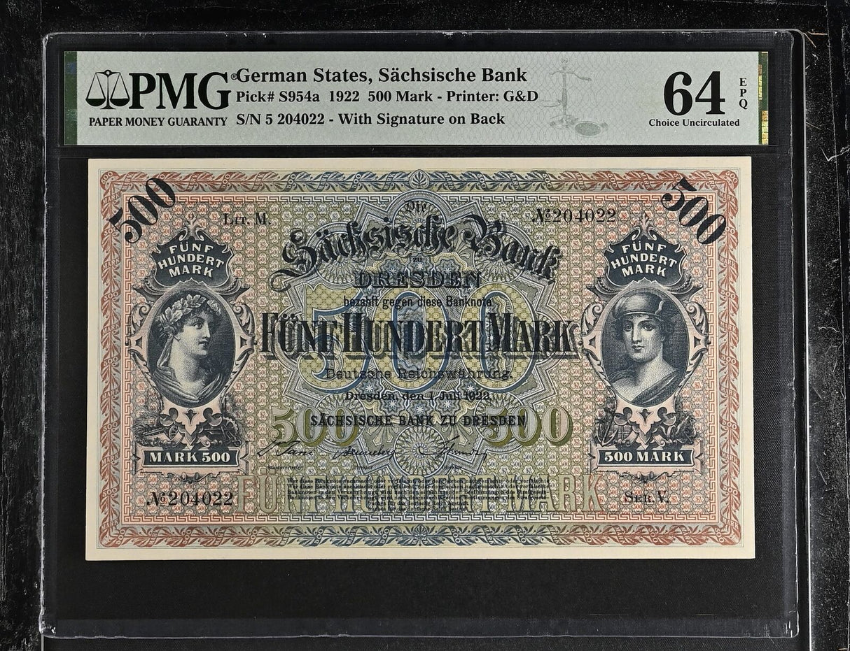 Germany 500 Mark 1922 P S954 a Sachsen Choice UNC PMG 64 EPQ